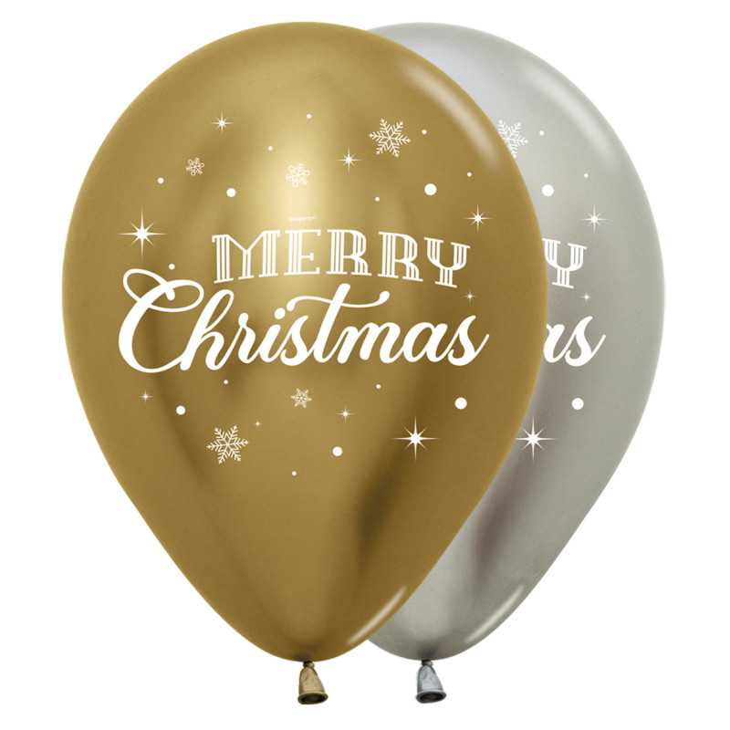 Ballons ronds 12" (30cm) imprimés Merry Christmas Assortiment  Chromé – 25 Pcs