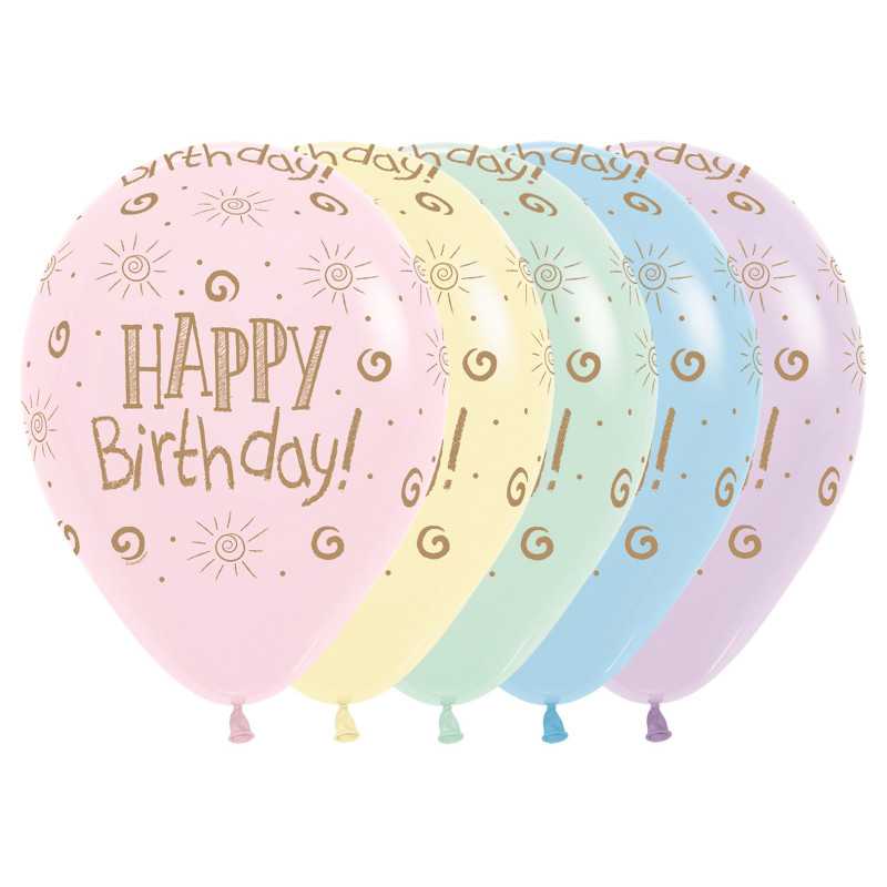 Ballons ronds 12" (30cm) imprimés Happy Birthday Sun Assortiment Pastel – 25 Pcs