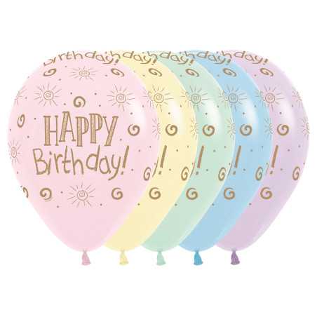 Printed Balloons 12inch (30cm) - Happy Birthday Sun - Pastel Matte Assortment R12HBSUN Sempertex France